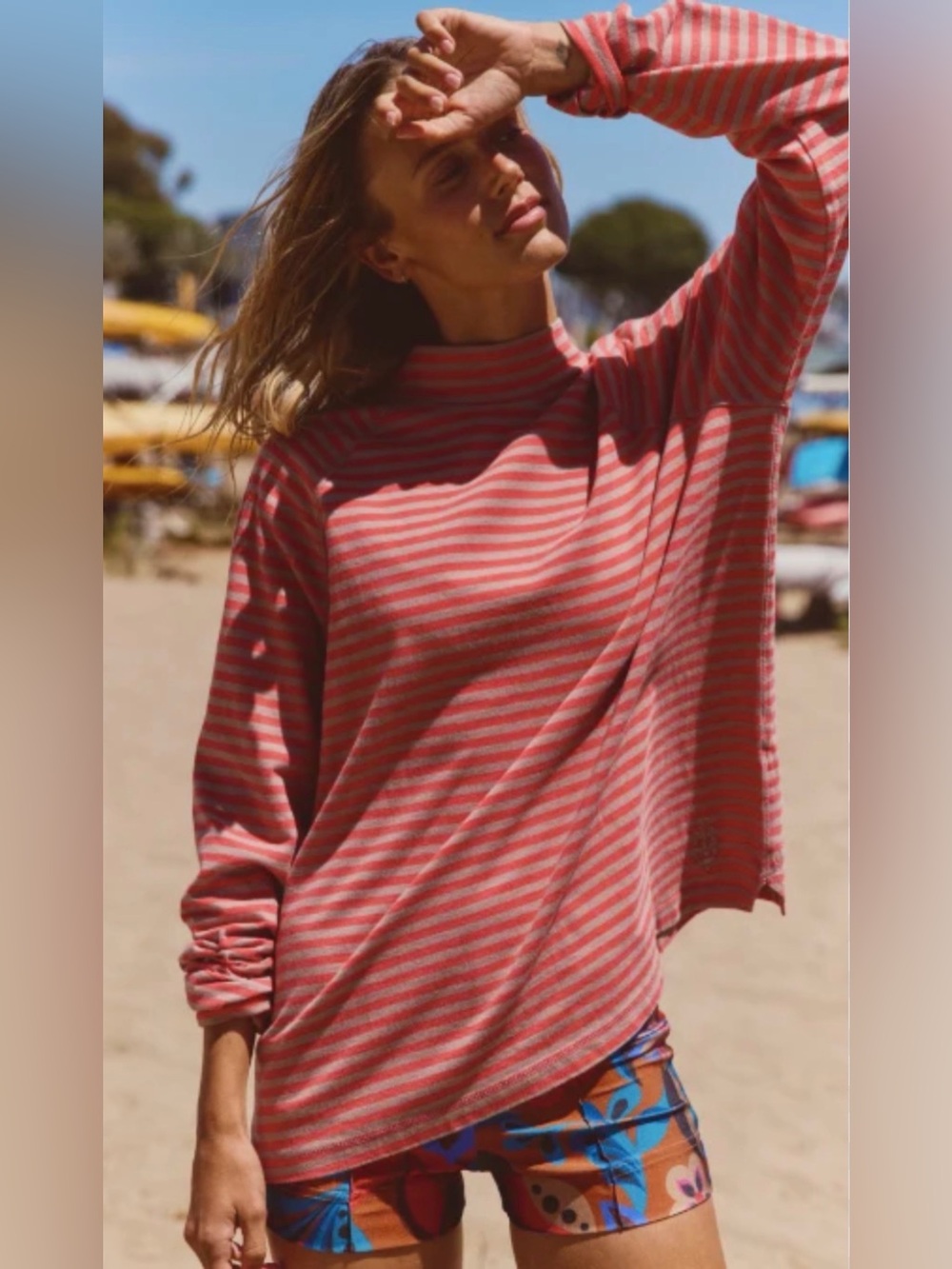 Free People Restoration Yarn Dye Stripe Layer in Sailor Stripe Sand Sz Med NWT